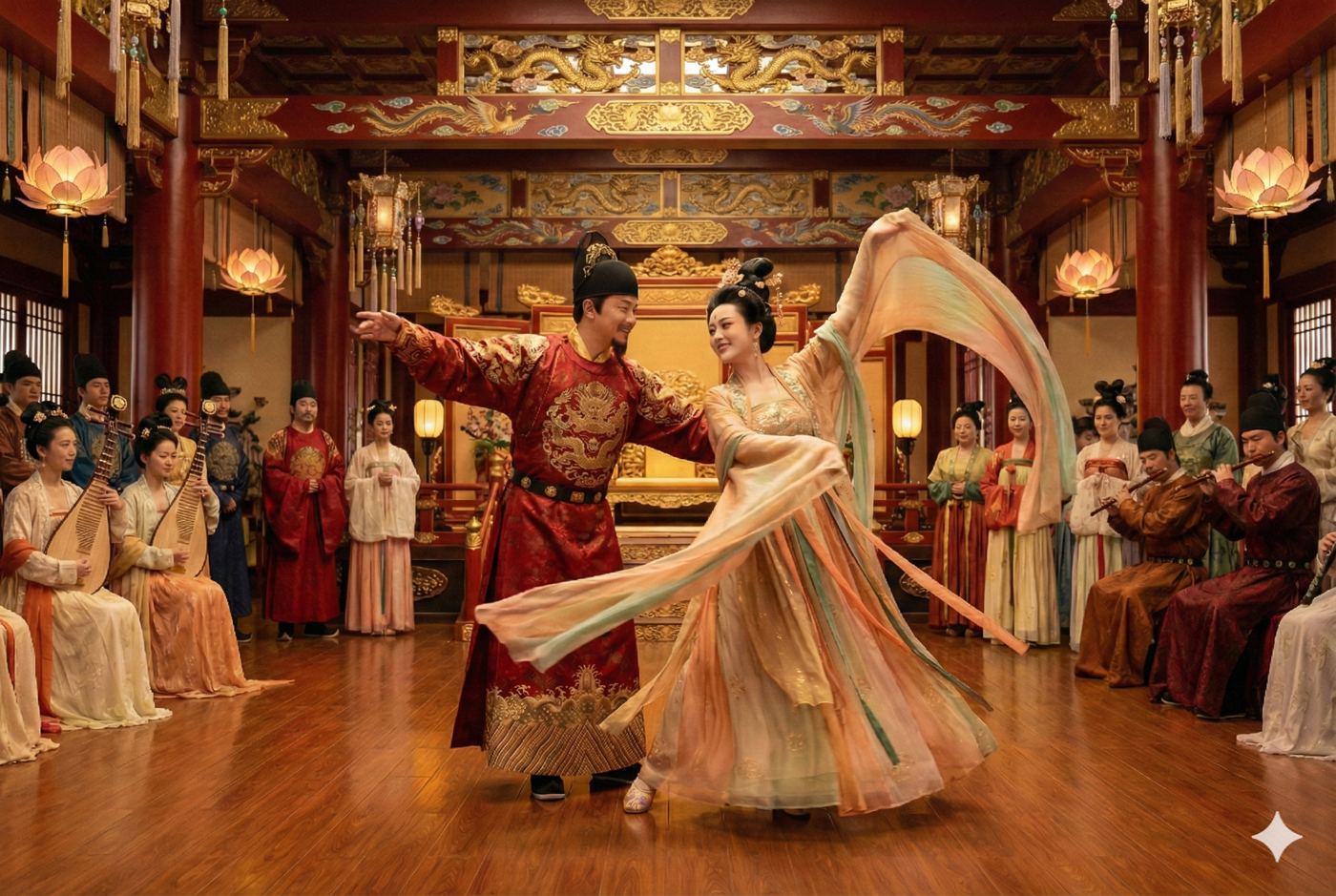 AI 生图作品《盛唐霓裳:玄宗与贵妃的宫廷共舞》